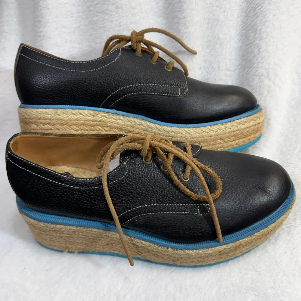 John‎ Fluevog 4 Platform Oxford Shoe Black Espadrille Jute Designer Boho Artsy